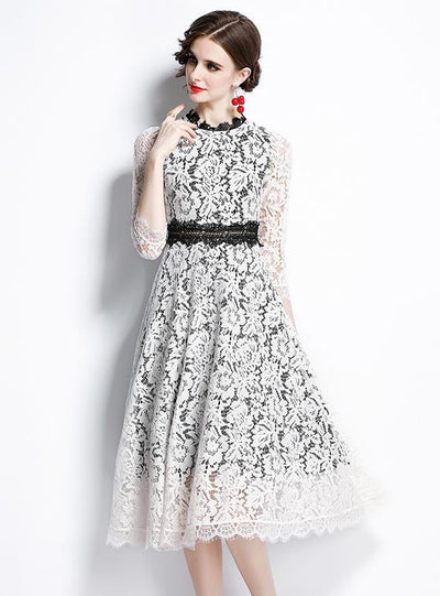 Hollow Round Neck Lace Long Sleeve Dress