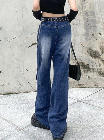 Retro Slim Waist Pocket Loose Jeans