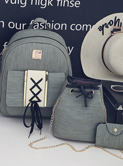 3Pcs/Set Backpack Women Fashion Wood Grain Fur