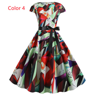 Retro Short Sleeve Printed Round Neck Dress