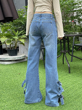 Metal Buckle Straight Slacks High Waist Jeans