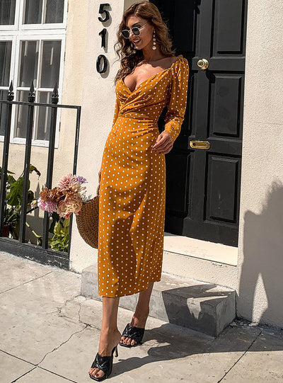 Polka Dot Deep V-neck Long Sleeve Party Dress