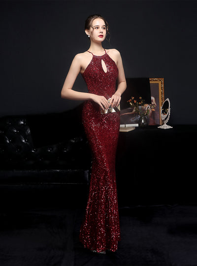 Long Halter Sequined Fishtail Evening Dress