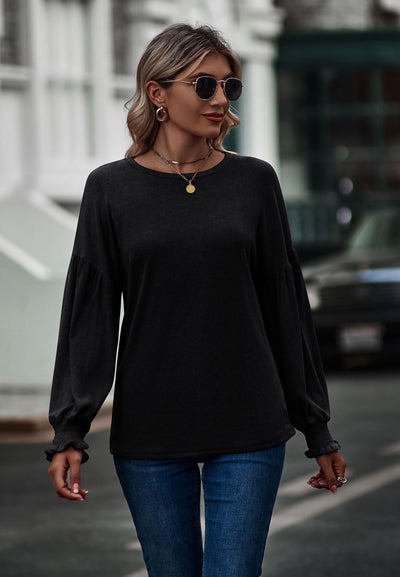 Round Neck Pleated Lantern Sleeve T-shirt