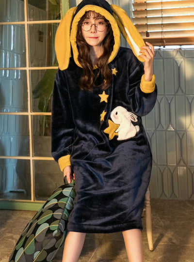 Red Rabbit Long Sleeve Hooded Coral Fleece Bathrobe