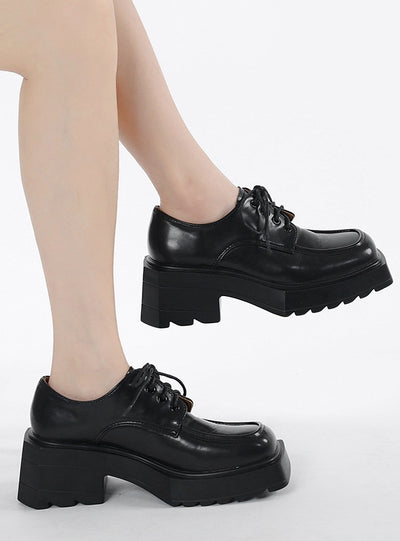 Matte Thick-soled Square-headed Leather Shoes