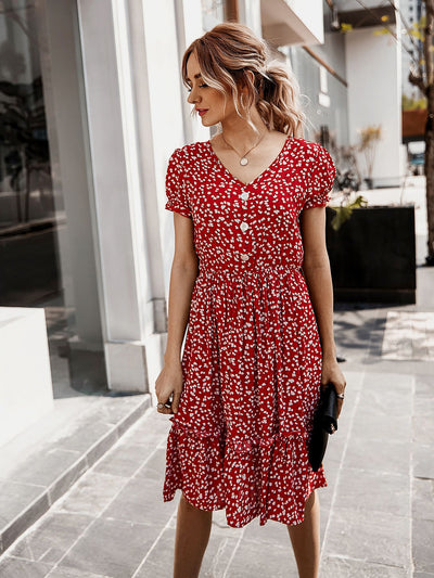 Women V-neck Short Print Dress