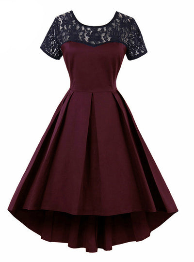 Short Sleeve Lace Vintage O-neck Party Swing Dress