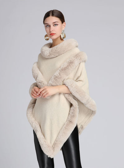 Women Rabbit Fur Collar Shawl Cloak Coat