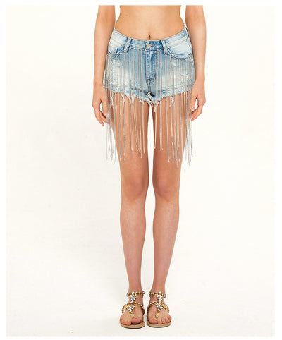 Long Tassel High Waist Drill Chain Denim Shorts