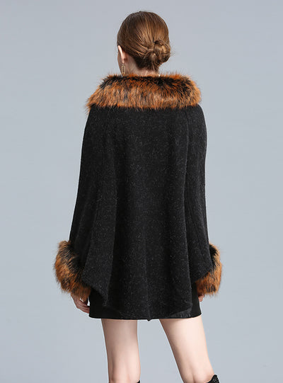 Knitted Shawl Cloak Imitating Fox Fur Collar Bat Sleeve