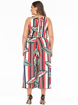 Striped Printed Large Size Tie Round Neck Sleeveless Jumpsuit