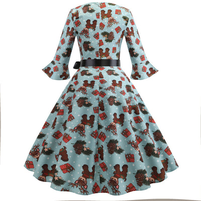 Retro Printed Round Neck Short Sleeve Dress