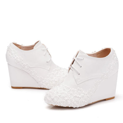 White Wedge Wedge Lace-up Boots