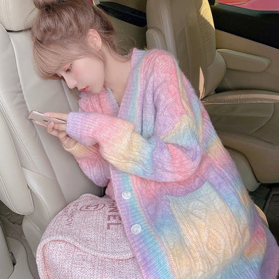 Women Rainbow Knitted Cardigan Sweet Sweater