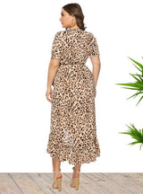 Large Size V-neck Ruffled Irregular Leopard Print Dress