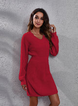 Women V-neck Long Sleeve Sweater Dress