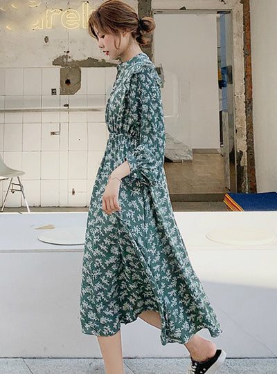 Women Dress Full Sleeve Elastic Waist Female Chiffon Dress