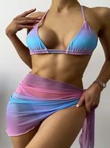 Waist-tied Mesh Gradient Three-piece Swimsuit