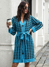 Cardigan Houndstooth Single-breasted Knitted Dress