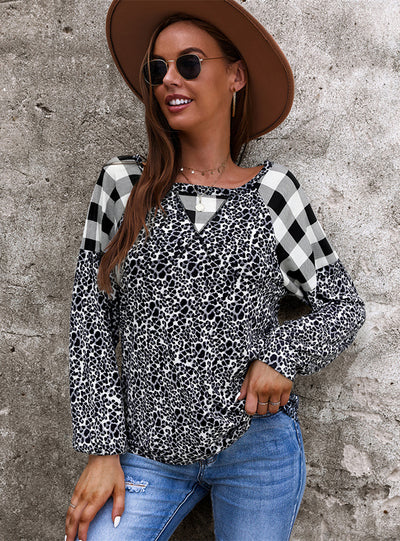 Leopard Print Stitching Long Sleeve T-shirt