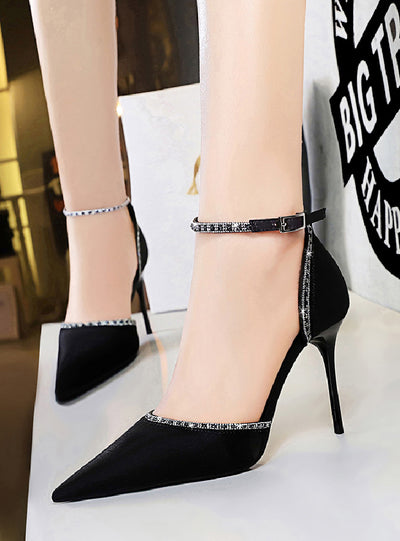 Heel Satin Shallow Pointed Rhinestone Sandals