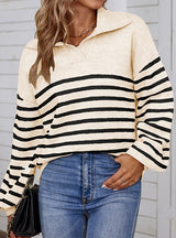 Color Matching Striped Lantern Sleeve Sweater