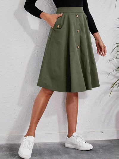 Pocket Button Mid-length Skirt