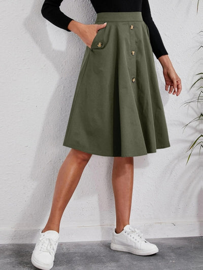 Pocket Button Mid-length Skirt