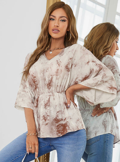 V-neck Irregular Sleeve Tie-dye Printed Chiffon Shirt