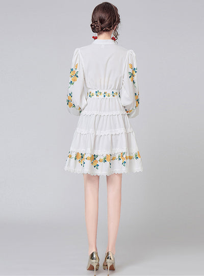 V-neck Lace Long Sleeve Print Dress