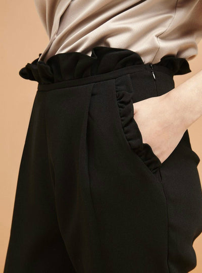 High Waist Solid Black Elastic Waist Casual Pants