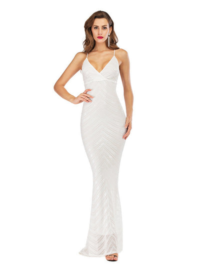 V-neck Backless Stretch Sequined Dress