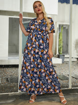 V-neck Printed Casual Trumpet Sleeve Dress