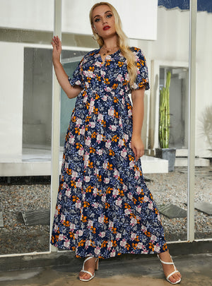 V-neck Printed Casual Trumpet Sleeve Dress