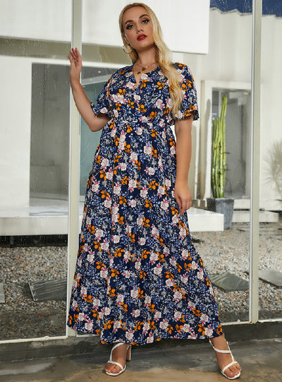 V-neck Printed Casual Trumpet Sleeve Dress