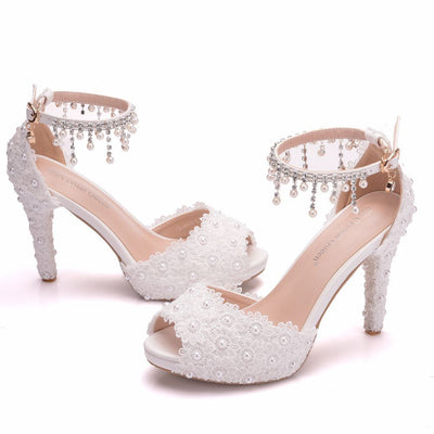 Thin Lace Beaded Fishmouth High-heeled Sandals