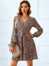 Long Sleeve Deep V-Neck Leopard Print Dress