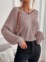 Spliced Lace Pullover V-neck Sweater