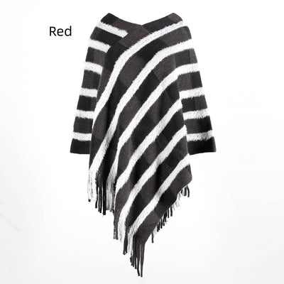 Women Fringe Sweater Cloak Plaid