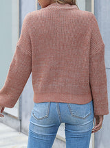 Knitted Solid Color Lapel Lantern Sleeve Sweater
