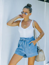 Elastic Waist Drawstring Denim Shorts