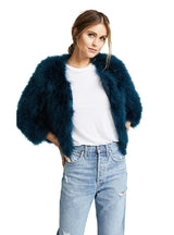 Blue Faux Fur Elegant Women Coats Covered Button 