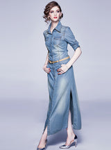 Split Blue Tencel Denim Lapel Dress
