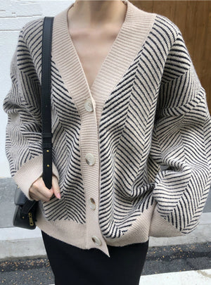 Winter Striped V-Neck Cardigans Buttons Oversize