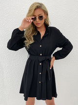 Long Sleeve Lace-up Collar Shirt Dress