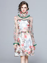 Retro Stand Collar Gauze Wooden Ear Floral Dress
