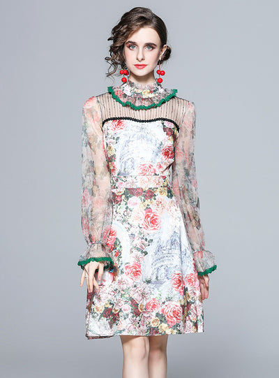 Retro Stand Collar Gauze Wooden Ear Floral Dress