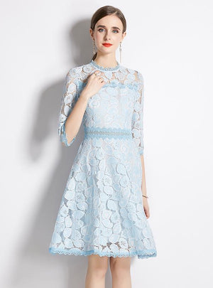 Blue Lace Stitching 3/4 Sleeve Dress