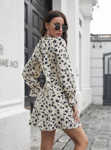 Drawstring V-neck Flared Sleeve Floral Printed Chiffon Dress